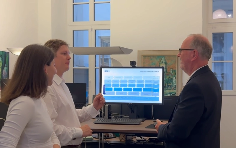 Foto vom eine Besprechung des congima Teams vor dem PC